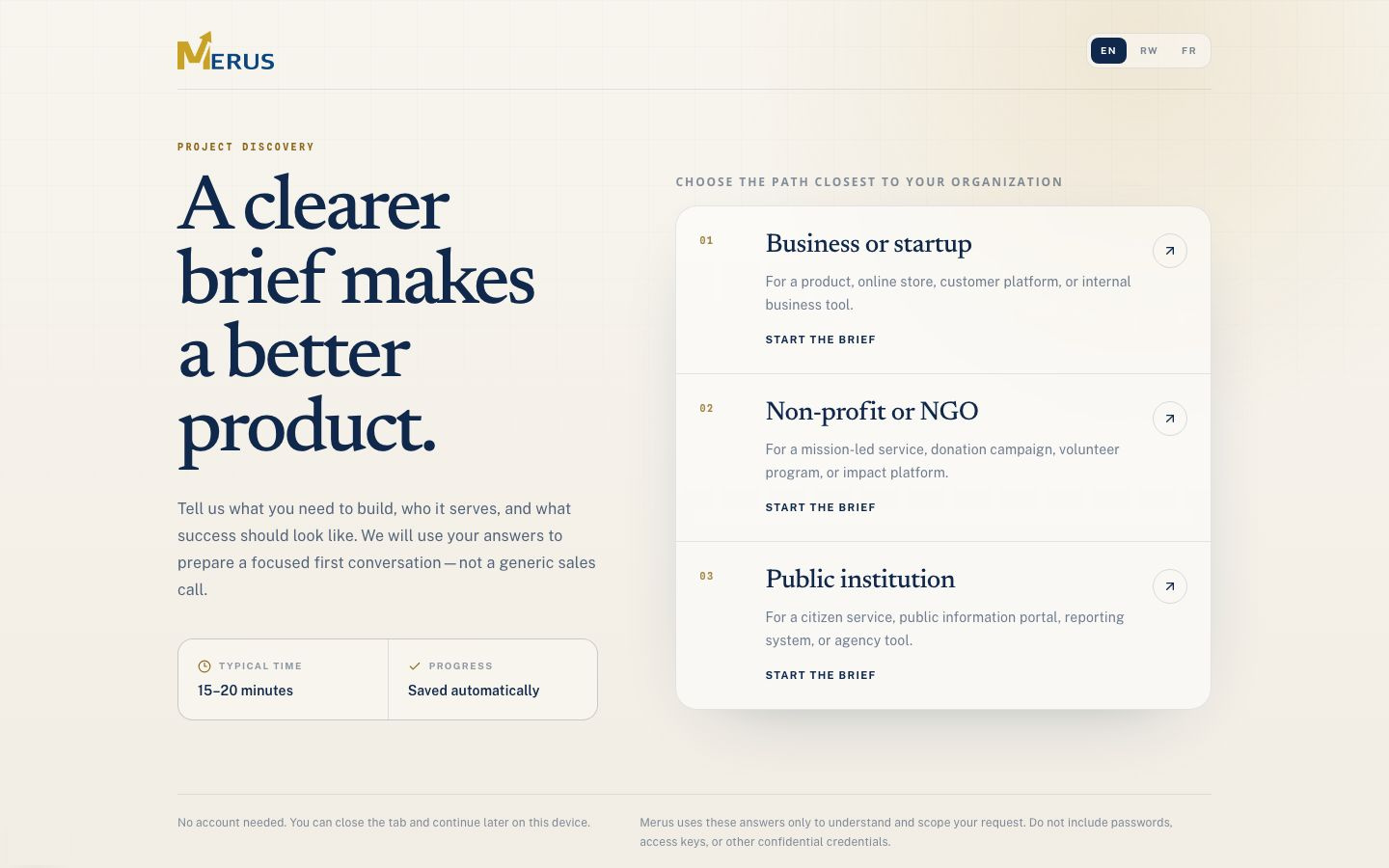 Merus client onboarding — project discovery and organisation paths